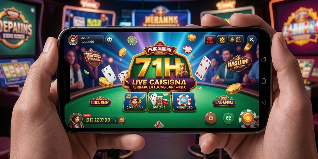 Screenshot gameplay 71H menampilkan dealer langsung dengan suasana kasino yang hidup.