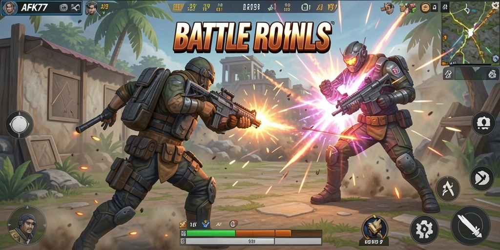 Gameplay mendebarkan dalam AFK77 yang menampilkan pertarungan Battle Royale.