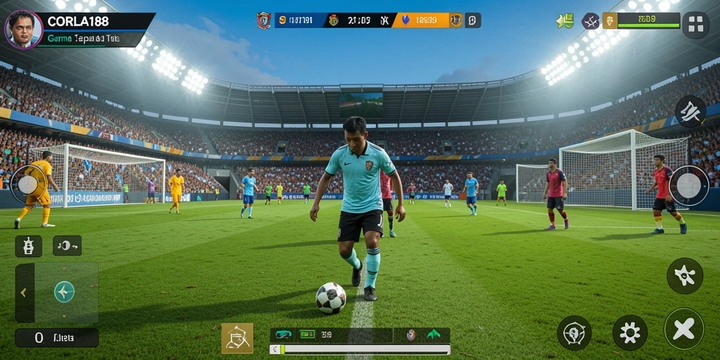 Tampilan gameplay seru dalam CORLA188 dengan aksi sepak bola nyata.