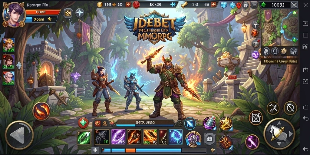 Tangkapan layar utama gameplay IDEBET yang menggambarkan pertempuran seru di dunia MMORPG.