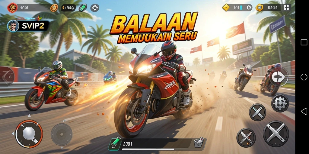 Screenshot gameplay SVIP2 yang menampilkan aksi balapan motor yang seru.