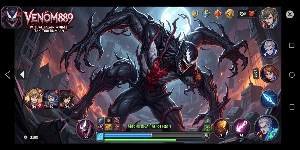 Screenshot gameplay seru dari VENOM889 dengan karakter anime ikonik.